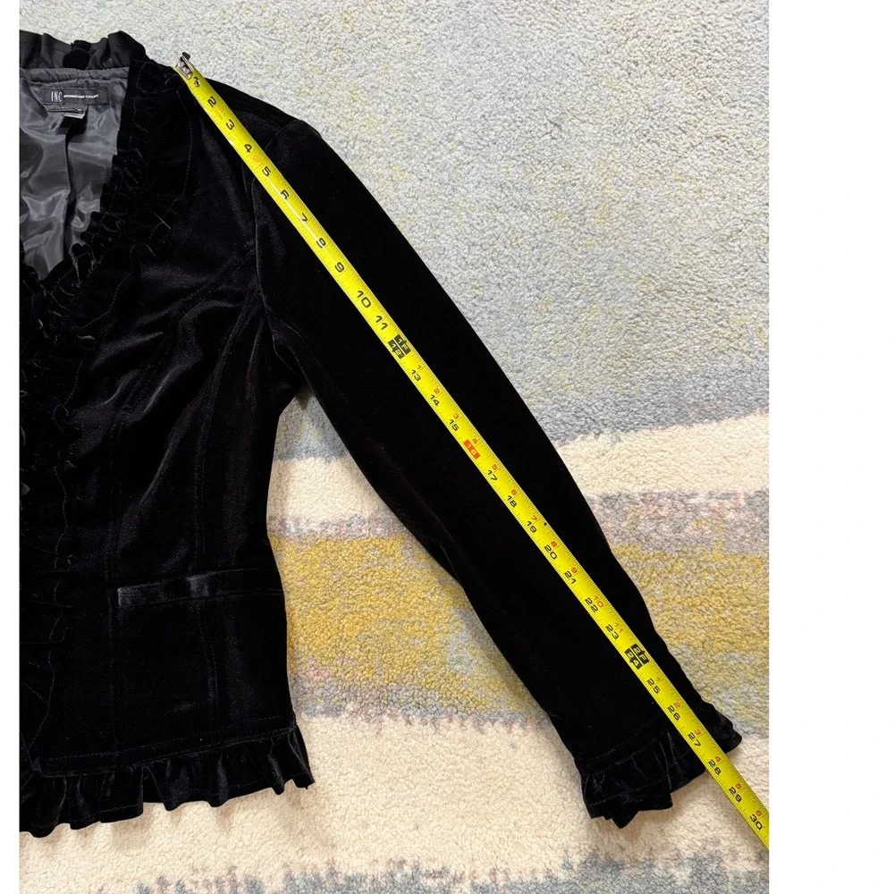 INC Black Velvet Goth Romantic Ruffle Blazer M Jacket Equestrian Riding Fairy - Picture 8 of 16